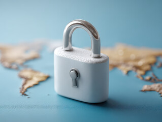A silver padlock stands on a world map, symbolizing global security and protection.