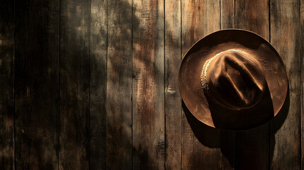 diseño de un fondo de tarima o pared de madera con espacio de copia con una tejana o sombrero vaquero para tarjeta o plantilla