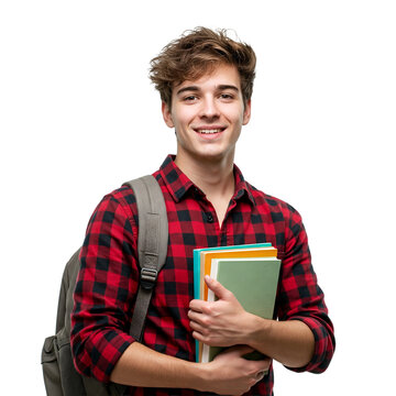 Young male student wearing plaid shirt with backpack holding books and smiling on Isolated Background
