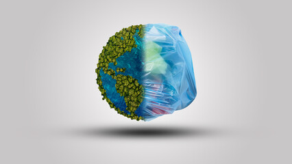 Fototapeta premium Eco concept, heap of garbage inside half of planet, earth. 3d illustration