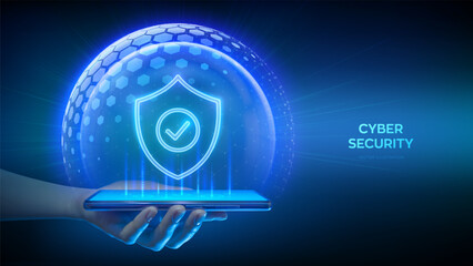 Cyber security and protection smartphone. Protection shield with Check mark icon inside sphere shield. Secure internet connection vpn, encryption. Personal data protection. Smartphone in hand. Vector