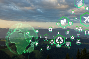 Glass globe in green forest with the icon environment of ESG, co2, circular company, and net zero.Technology Environment, society, and governance for sustainable business on green company Concept.