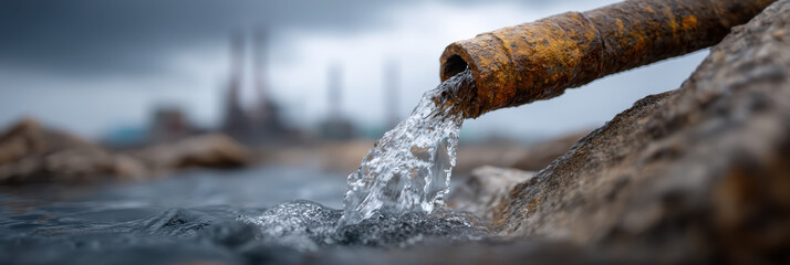 Fototapeta premium Rusty pipe discharges clear water into a body of water, with an industrial plant blurred in the background under a cloudy sky.