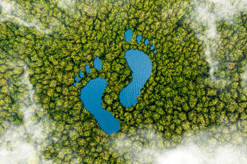 Footprint-shaped lake in a verdant forest, emblematic of human impact on terrain, with undertones...
