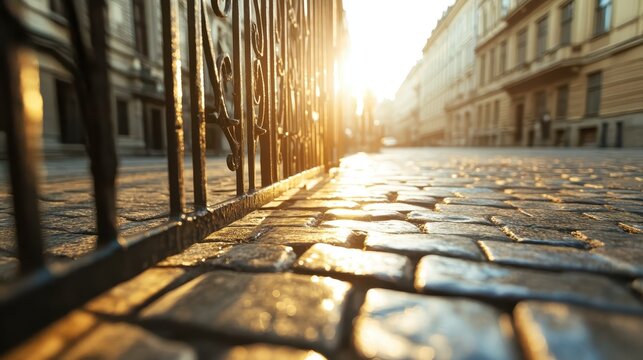 A tranquil cobblestone street illuminated by warm sunlight highlights the charm of urban architecture, inviting exploration and reflecting historic beauty.