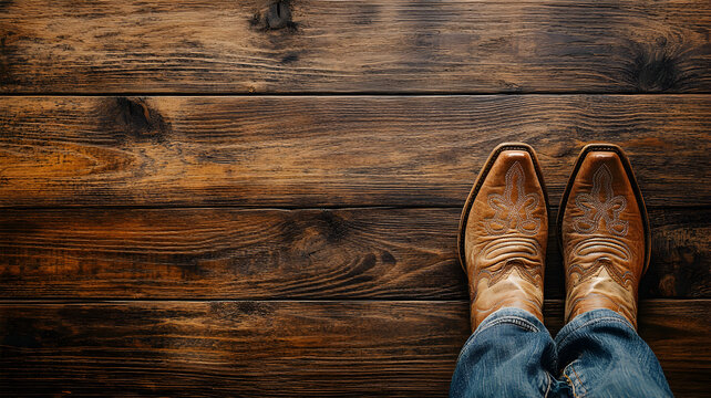 botas vaqueras y mezclilla sobre una tarima o piso de madera con espacio de copia dise&ntilde;o de textura y estilo vaquero del oeste