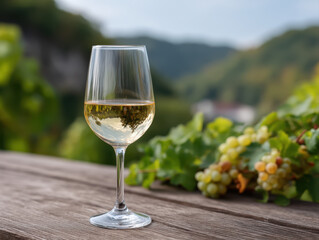 A glass of white wine sits on a wooden table with green grapevines and a blurred natural landscape in the background.