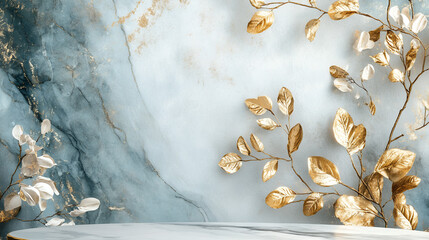 a luxurious and modern product display setup, likely a 3D render, featuring a combination of black and white marble with elegant gold accents. In the foreground, there's a two-tiered pedestal