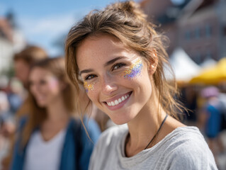 A young woman with glitter on her cheeks smiles brightly outdoors at a festive event, with blurred people and buildings in the background.