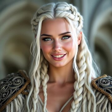 A beautiful viking lady with blonde braided hair smiling