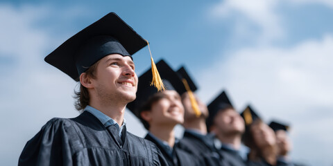 A group of young graduates wearing black caps and gowns smiles proudly against a bright sky during a graduation ceremony.