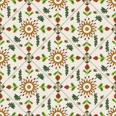 Seamless floral pattern featuring sunburst-style flowers, hand-drawn leaves, and geometric elements in green, brown, and red tones arranged in a diamond tile layout on a white background