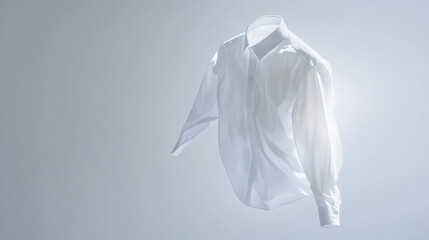  The shirt is free of wrinkles and holds a natural, flowing shape as if being worn or caught in a gentle breeze. The lighting is soft and even, highlighting the clean lines and fabric texture