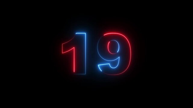 Glowing Neon number 19's icon animation. text 19 number icon glowing animation. glowing icon animation above 19 digit text. HD 4k motion video concept light style.