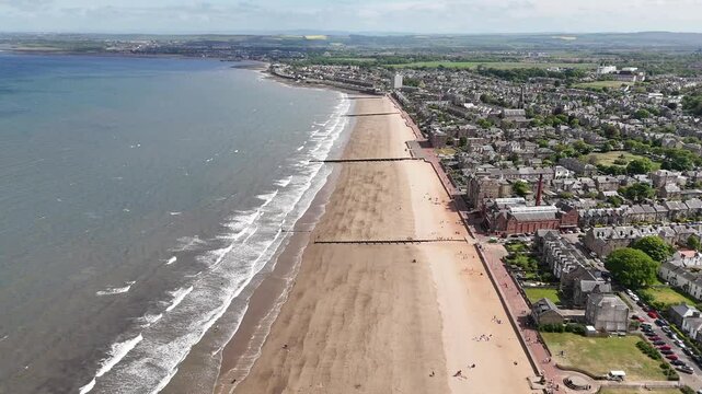 Aerial footage of Portobello Beach in Edinburgh, Scotland, United Kingdom