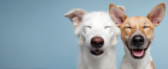 The joyful moment shared between two smiling dogs in a playful atmosphere.