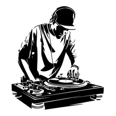 a black and white illustration of a man in a helmet playing music black, deck, dj, helmet, illustration, man, music, person, play