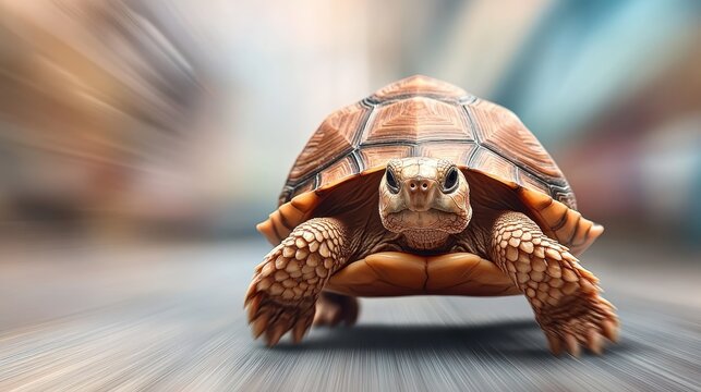 A turtle swiftly moves forward, captured in motion, showcasing its shell patterns against a blurred background, representing determination and the beauty of nature's creatures.