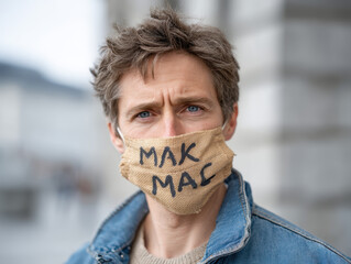 A man with blue eyes and messy hair wears a denim jacket and a beige face mask with "MAK MAC" written on it, standing outdoors in an urban setting.
