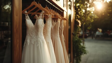 This enchanting image captures a collection of stunning bridal dresses elegantly displayed, showcasing intricate designs under warm natural sunlight in a serene setting.