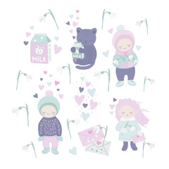 A set of springtime illustrations for Valentine's Day featuring funny cute characters in love - a girl, a boy, and a cat - romantic stories in a soft color palette.