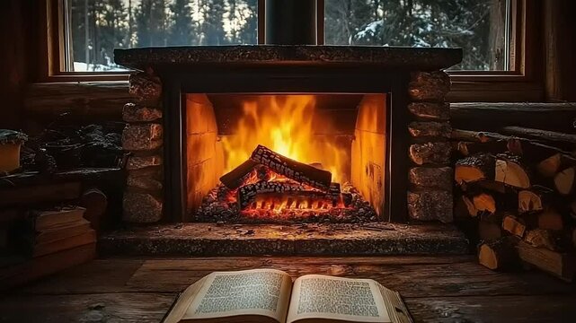 Cozy fireplace scene with books and firewood