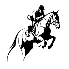 Obraz premium a black and white silhouette of a knight riding a horse black, horse, illustration, jockey, knight, man, ride, rider, silhouette , Generative art.