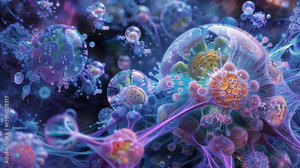 Poster colorful microscopic view of bacteria and cells in 4k quality with vibrant details highlighting biol