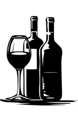 a black and white silhouette of a bottle of wine and a wine glass black, bottle, glass, silhouette, wine, wine bottle, wine glass , Generative art.