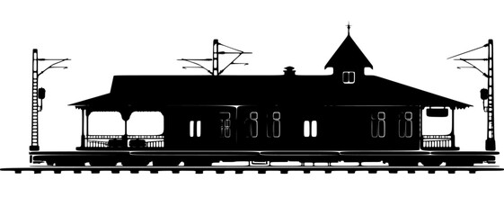 Fototapeta premium black silhouette of an old house on railroad tracks at the station black, building, house, old, railroad, railroad track, silhouette, station, train station , Generative art.