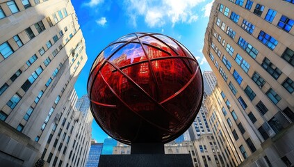 Red sphere sculpture in urban setting