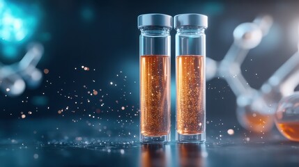 Two test tubes filled with sparkling liquid create an intriguing scientific atmosphere, inviting curiosity and wonder about the mysteries of chemistry and innovation.