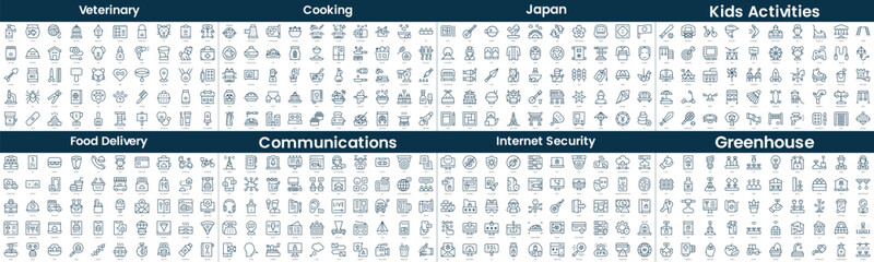 Linear Style Icons Pack. In this bundle include veterinary, cooking, japan, kids activities, food delivery, communications, internet security, greenhouse