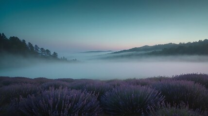 Obraz premium Misty lavender field at dawn with rolling hills and teal sky