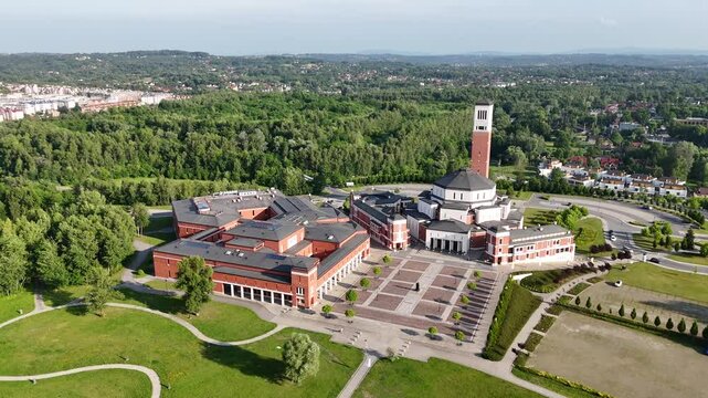 Drone shot of John Paul II Center (Centrum Jana Pawla II) in Krakow, Poland