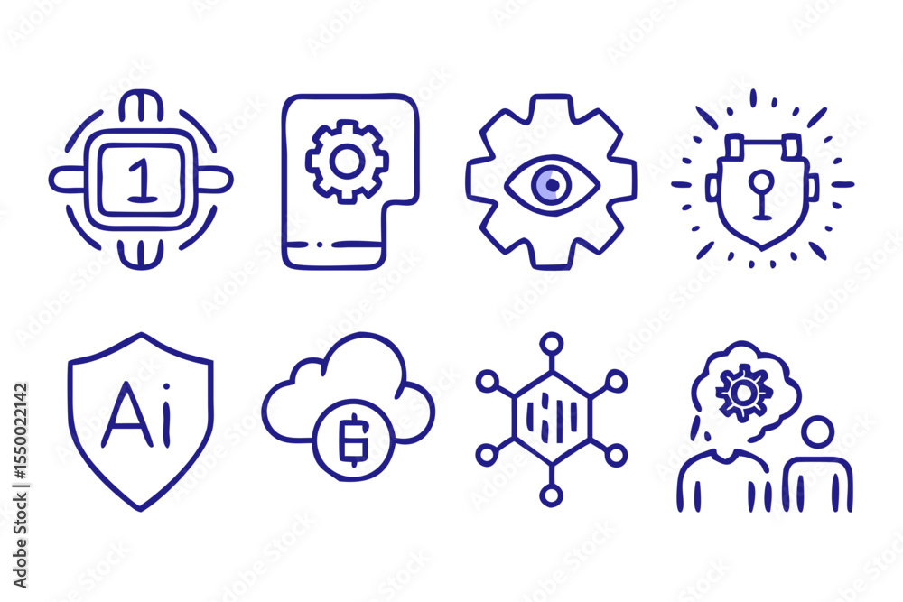 Poster collection of modern technology and digital innovation icons including ai blockchain security and da
