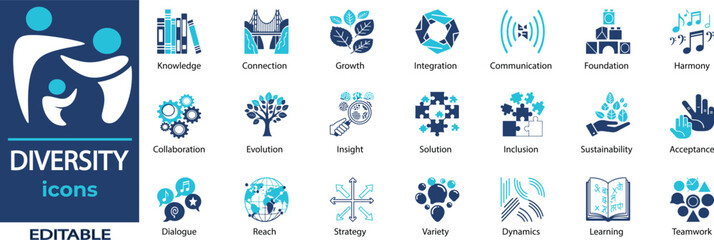 Icon sheet  of Diversity vector. Containing Knowledge, Connection, Growth, Integration, Communication, Foundation, Harmony and more. Solid vector icons collection.