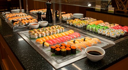 A buffet display of sushi rolls and nigiri with soy sauce and serving tongs