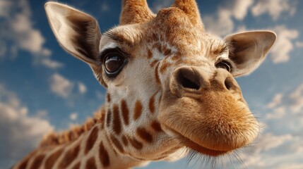 Fototapeta premium A close-up of a giraffe showcasing its distinctive spots and expressive eyes. The animal is in its natural habitat, surrounded by a bright blue sky and fluffy clouds, on a sunny day.
