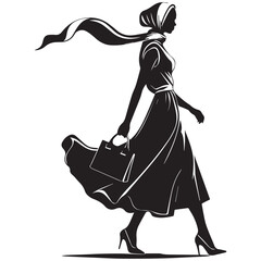 Elegant silhouette of a woman wearing a hijab and flowing dress carrying a handbag