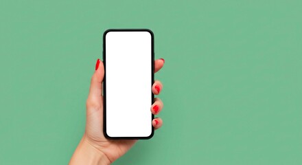Woman's hand holding a black smartphone with a blank white screen display