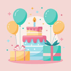 Birthday Celebration Cake with Balloons and Gifts