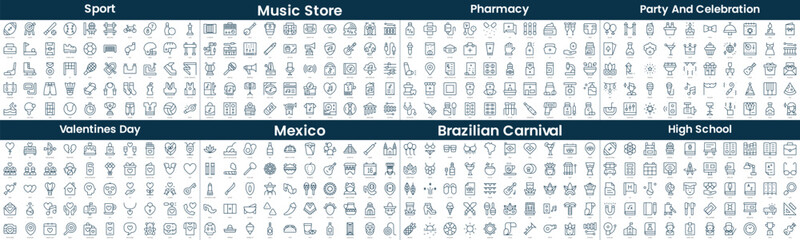 Linear Style Icons Pack. In this bundle include sport, music store, pharmacy, party and celebration, valentines day, mexico, high school, brazilian carnival