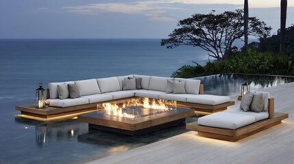 Modern outdoor sectional sofa, fire pit, and daybed by the pool