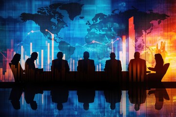 Silhouettes of business people in a meeting, global financial data backdrop