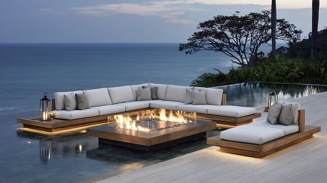 Modern outdoor sectional sofa, fire pit, and daybed by the pool