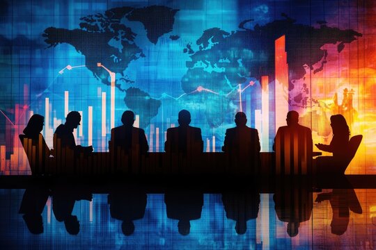 Silhouettes of business people in a meeting, global financial data backdrop