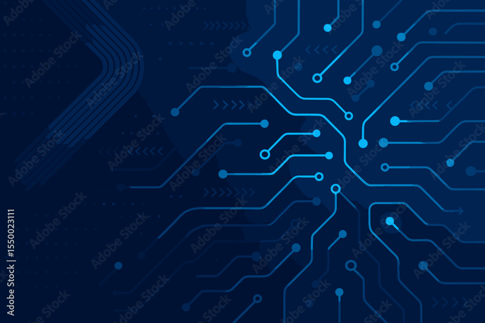 Fototapete Abstract digital technology background with glowing blue circuit board pattern. Futuristic hi-tech communication concept with network lines and nodes. Vector data flow illustration.