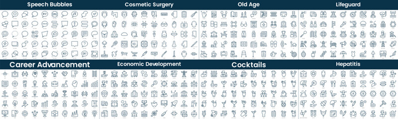 Linear Style Icons Pack. In this bundle include speech bubbles, cosmetic surgery, old age, lifeguard, career advancement, economic development, cocktails, hepatitis