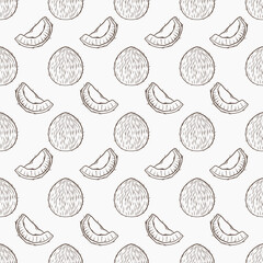 Vector hand-drawn seamless pattern with coconut . Monochrome ink outline vector icon. Perfect for tropical design, packaging, branding, summer prints, and organic product labels.